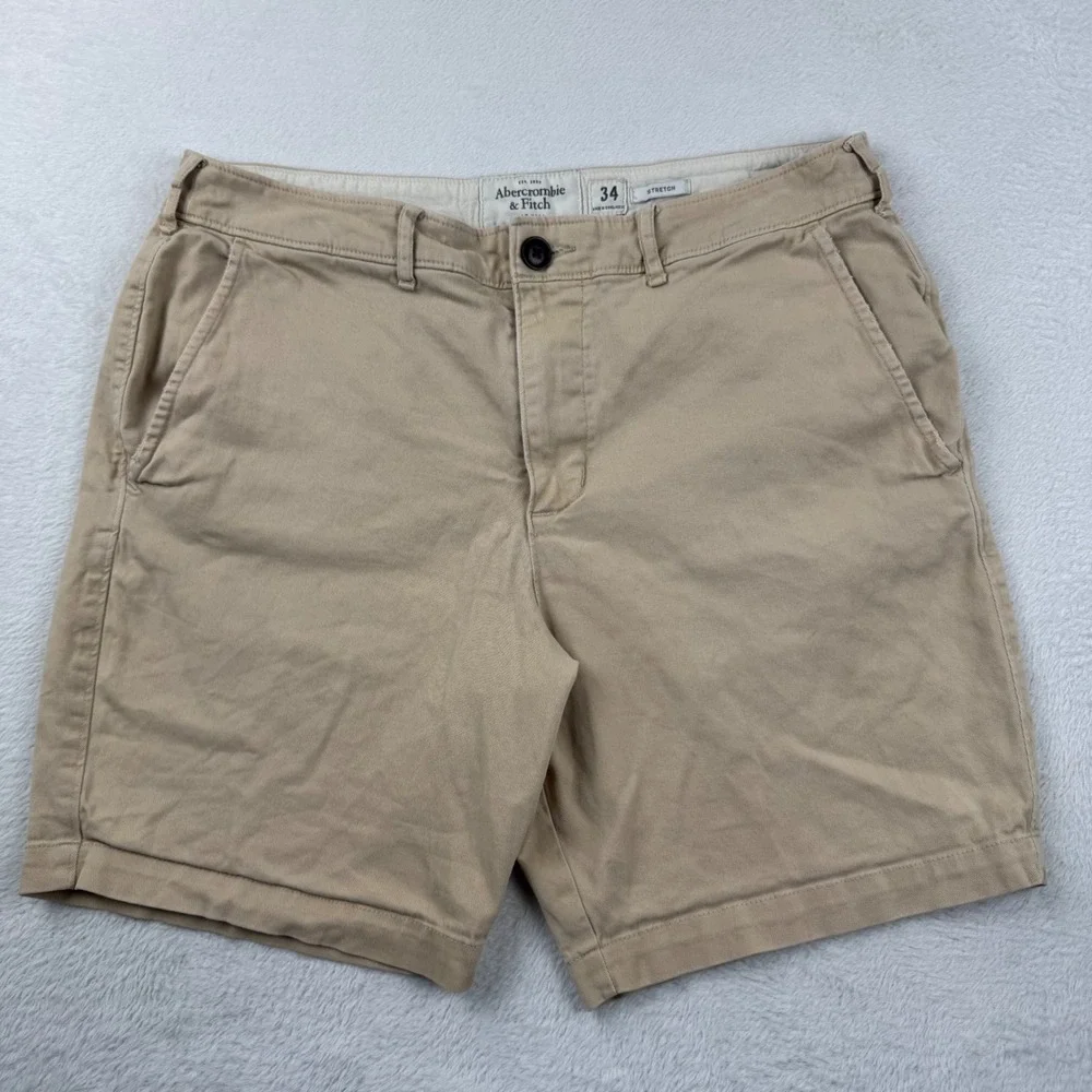 Abercrombie & Fitch Chino Shorts Mens 34 Tan Khaki Stretch Twill 7 Inch Inseam